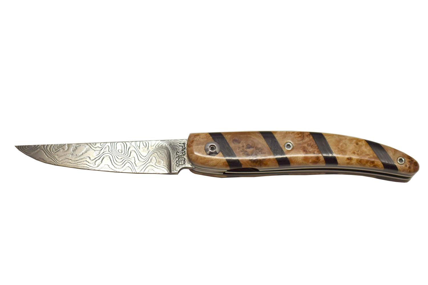 Couteau de poche damas et marqueterie ébène broussin d'érable